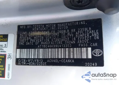 2009 Toyota Camry Le from USA, damaged, VIN 4T1BE46K99U413353